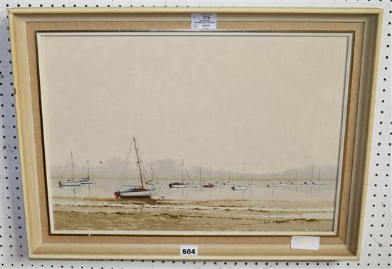 Alan Farrell, watercolour, Estuary with fishing boats at anchor